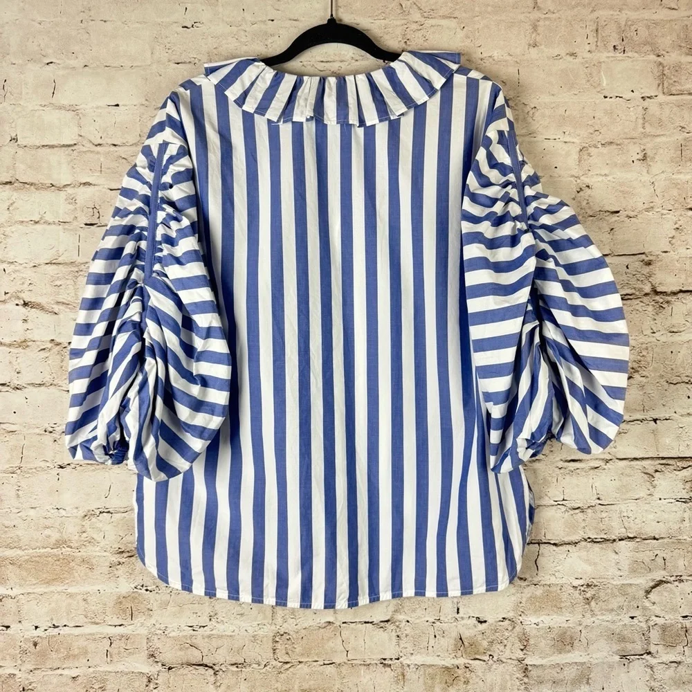 Carolina Herrera New York Size 4 Ruffled Stiped Cotton-Poplin Blouse Blue White - Picture 11 of 12